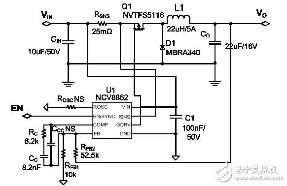  NCV8852   5V，2.5A 車載USB電源設(shè)計(jì)實(shí)例電路圖