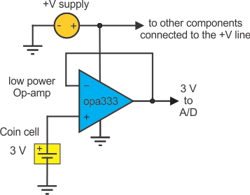 連接 OPA333 單位增益放大器，監(jiān)控紐扣電池電壓