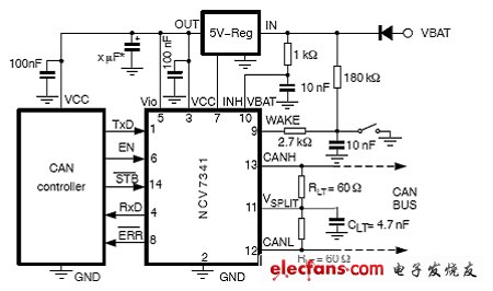 圖2：采用NCV7341的5V CAN控制器應(yīng)用電路圖。（電子系統(tǒng)設(shè)計(jì)）