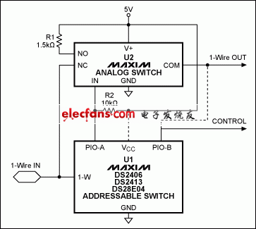 圖7. DS2409部分替代電路，U1可以選用DS2406、DS2413或DS28E04