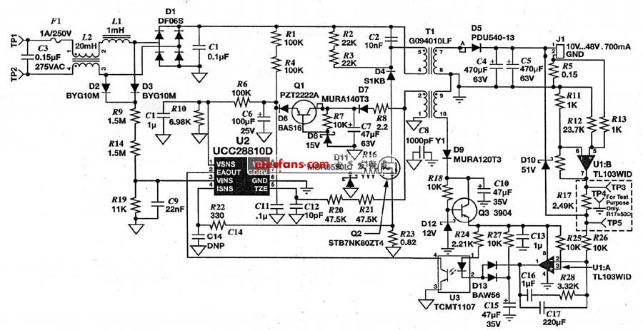 圖2 基于UCC28810的34W 單級(jí)PFC反激式LED恒流驅(qū)動(dòng)電源