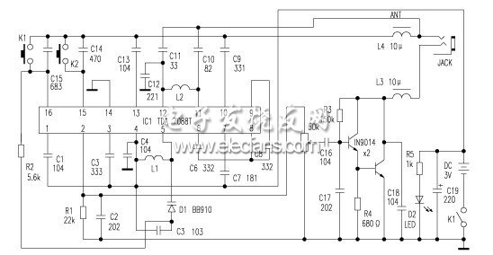 袖珍FM電調(diào)諧收音機電路圖