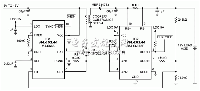 圖1。 這鉛酸電池充電器，適用于高電壓（15V），直到電池充電，然后適用于13.4V保持一個(gè)小的涓流充電。