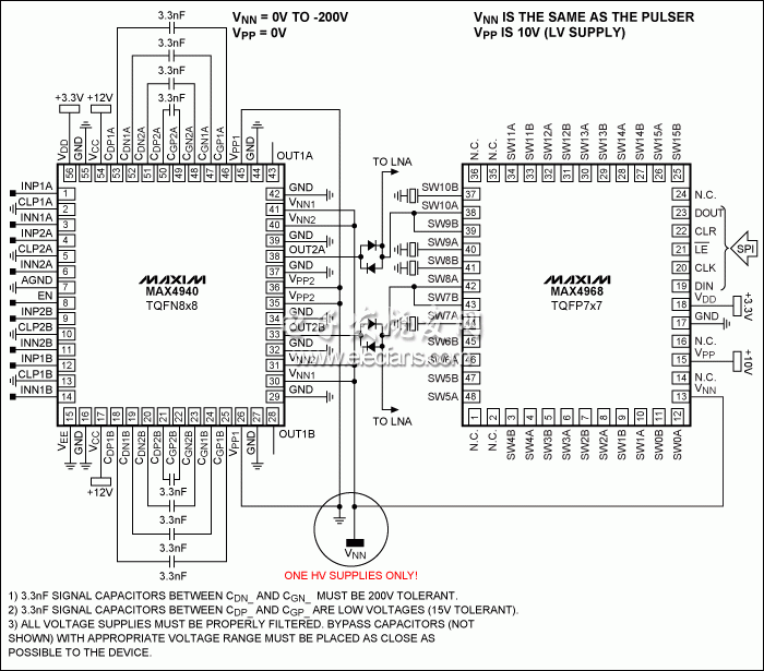 圖10。 使用MAX4968和MAX4940的單極性負(fù)應(yīng)用，減少了所需的高壓用品。