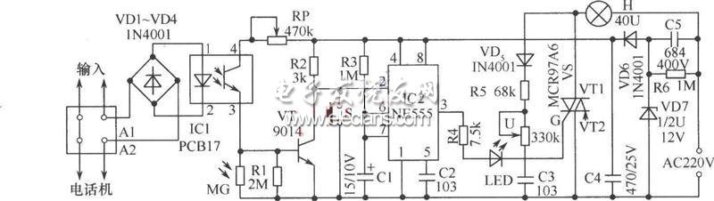 555聲控延時(shí)臺燈電路