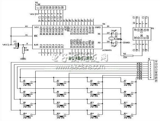 4×4矩陣式鍵盤(pán)識(shí)別電路原理圖