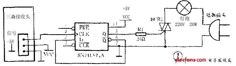 SN74LS74構(gòu)成的紅外遙控開關(guān)燈電路