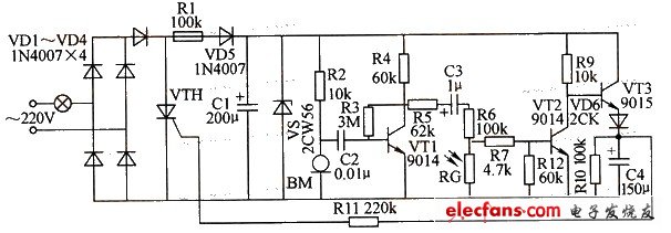 光敏電阻延時節(jié)電開關電路