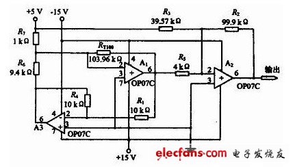 鉑電阻測(cè)溫調(diào)理電路原理圖