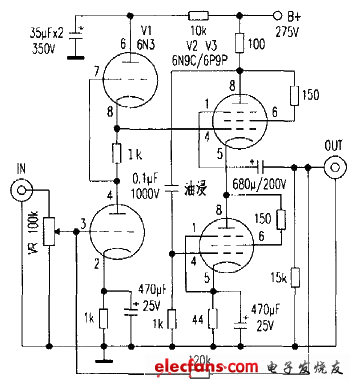 6N9C無(wú)輸出變壓器的耳機(jī)放大器電路