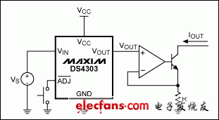 圖2. 利用DS4303和幾個(gè)便宜元件構(gòu)成高精度電流源，可吸入電流