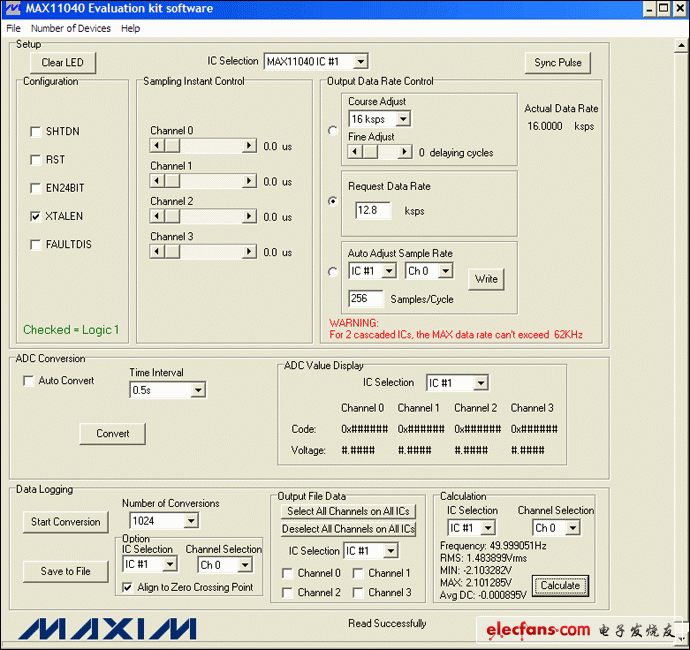 圖4. MAX11040EVKIT GUI允許用戶方便地設置各種測量條件：12.8ksps、256采樣點/周期和1024次轉(zhuǎn)換。此外，GUI的計算部分提供了一個進行快速工程運算的便捷工具。