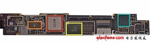 主板另一側(cè)幾乎是全新的：蘋(píng)果A5X處理器。蘋(píng)果343S0561芯片，它看起來(lái)像是343S052芯片的升級(jí)產(chǎn)品（在iPad 2采用），用于能源管理