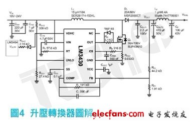 LM3430所執(zhí)行的升壓轉換器圖解，以下是選擇主要元件細節(jié)的說明