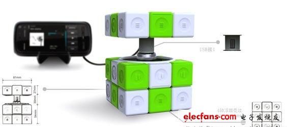  魔方概念充電器，魔方由電磁感應(yīng)發(fā)電裝置和蓄電池組成，扭動魔方的任何一面，都會通過電磁感應(yīng)產(chǎn)生電能