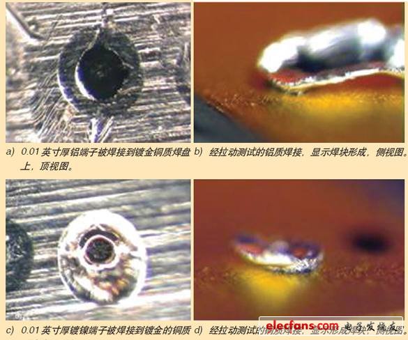 圖10、激光將薄銅和鋁焊接到鍍金銅質(zhì)焊盤上。