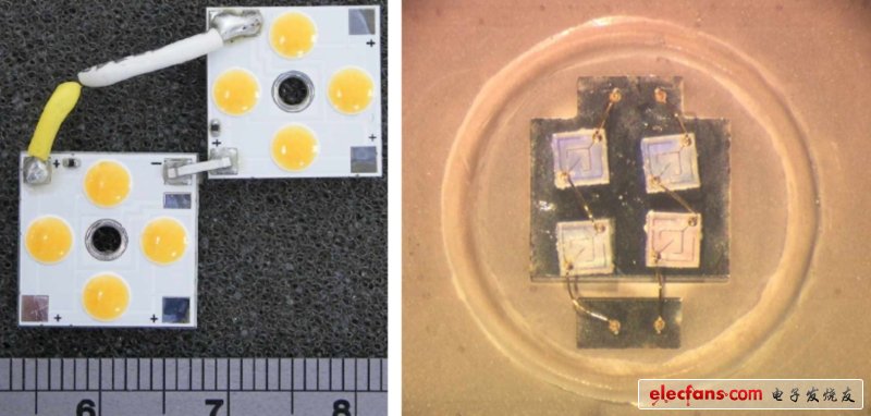 四個(gè)LEDs，每個(gè)尺寸約為0.5mm x 0.5mm x 0.1mm，封裝在LED凸圓底下