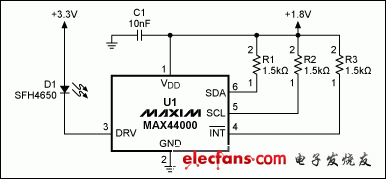 圖1. MAX44000典型電路，包括LED。