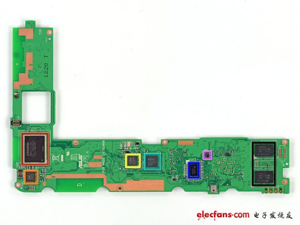 主板的另外一面也同樣布滿了芯片，都有：Kingston KE44B-26BN/8GB 8GB 閃存；RMC ALCS642；ELAN eKTF36248WS；ELAN eKTH10368WS；Texas Instruments 22C96ST；TI20 MI60；Hynix HTC2G83CFR DDR3 RAM