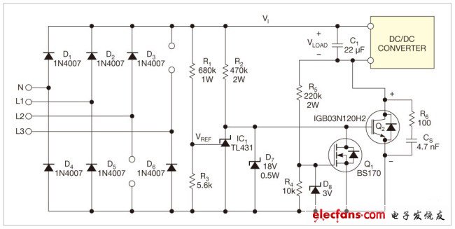 圖1,三相整流器使用了一只開關(guān)IGBT和一只電容，將電壓降低到標(biāo)準(zhǔn)離線dc/dc轉(zhuǎn)換器范圍內(nèi)。