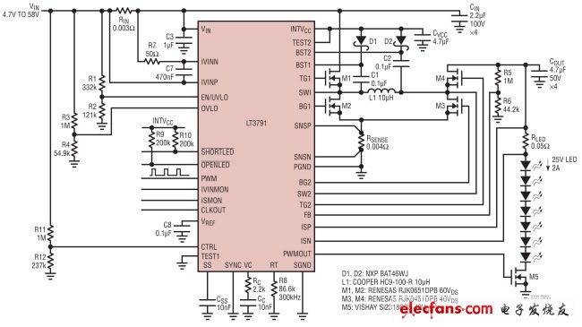 圖 1，效率為98%、功率為50W (25V、2A)的降壓-升壓型LED驅(qū)動器具50:1的調(diào)光比。
