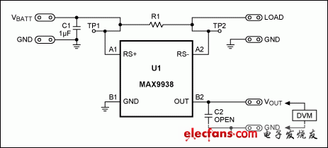 圖4. MAX9938EV標(biāo)準(zhǔn)分流器為50mΩ、4端電阻(R1)。利用6個100mΩ電阻并聯(lián)R1，得到12.5mΩ檢流電阻。

