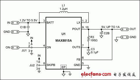 圖2. MAX8815AEVKIT提供所需的5V輸出，無需更改電路