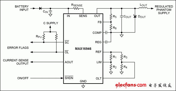 圖1. MAX16946遠(yuǎn)端天線CSA和開關(guān)的典型工作電路