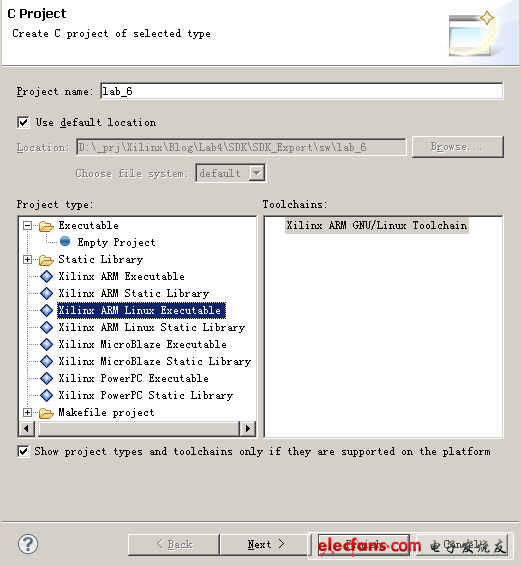 選擇工程類型為“Xilinx ARM Linux Executable”，工具鏈為“Xilinx ARM GNU/Linux Toolchain”