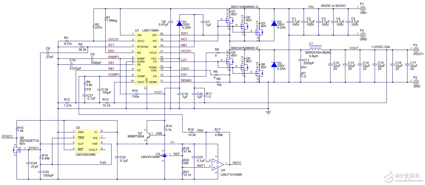 35V-60V輸入、12V/600W雙相降壓轉(zhuǎn)換器電路圖