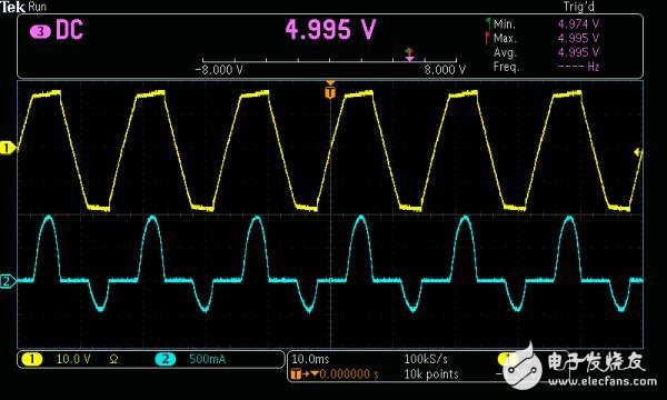 圖6： 使用DVM監(jiān)測DC輸出電壓。AC輸入電壓波形用黃色顯示，電流波形用藍(lán)色顯示。