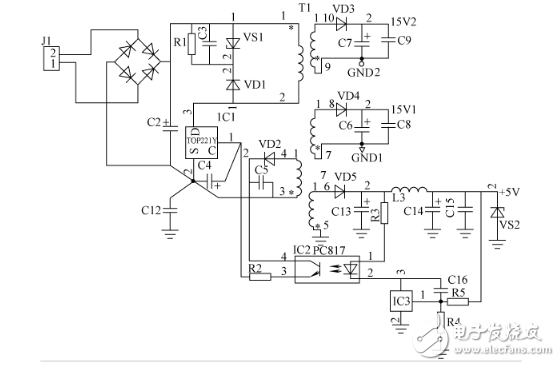 具有兩組15V直流和一組5V開(kāi)關(guān)電源電路設(shè)計(jì)圖