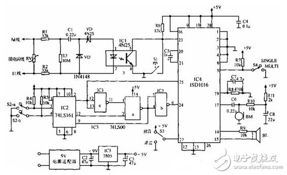 采用ISD1016制作的語音留言控制器電路設(shè)計(jì)圖