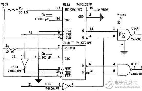 圖2 旋轉(zhuǎn)編碼器采集電路中的一路。