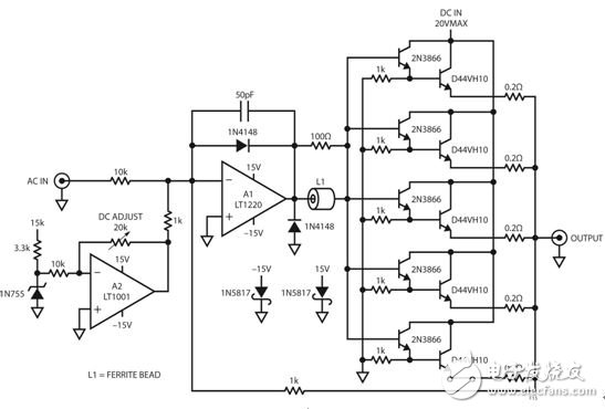 圖 13：驅(qū)動器電路板使 AC 和 DC 電壓相加，以在頻率直至 10MHz 時提供數(shù)安培電流。