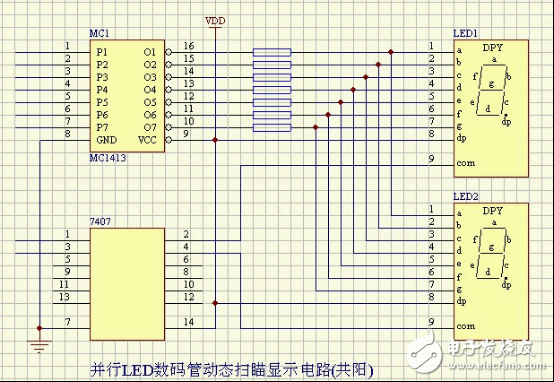 并行LED數(shù)碼管動態(tài)掃描顯示電路(共陽)