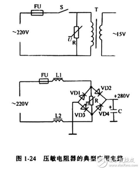 壓敏電阻器的典型應用電路。