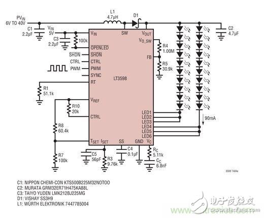 LED驅(qū)動器用于30個(gè)白光LED