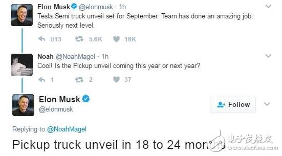 當(dāng)?shù)貢r間本周四，特斯拉CEO馬斯克（Elon Musk）通過個人Twitter賬號相繼宣布，今年9月特斯拉將發(fā)布半掛式卡車，將在18到24個月內(nèi)發(fā)布皮卡。這意味著，在今年7月平價電動汽車Modle 3投產(chǎn)兩個月后，特斯拉家族又會增加新成員。