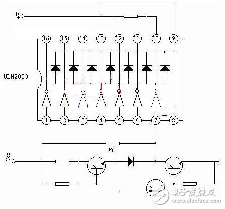 ULN是集成達(dá)林頓管IC，內(nèi)部還集成了一個(gè)消線圈反電動(dòng)勢(shì)的二極管，可用來(lái)驅(qū)動(dòng)繼電器。它是雙列16腳封裝，NPN晶體管矩陣，最大驅(qū)動(dòng)電壓=50V，電流=500mA，輸入電壓=5V，適用于TTL COMS，由達(dá)林頓管組成驅(qū)動(dòng)電路。 ULN是集成達(dá)林頓管IC，內(nèi)部還集成了一個(gè)消線圈反電動(dòng)勢(shì)的二極管，它的輸出端允許通過(guò)電流為200mA，飽和壓降VCE 約1V左右，耐壓BVCEO 約為36V。用戶(hù)輸出口的外接負(fù)載可根據(jù)以上參數(shù)估算。采用集電極開(kāi)路輸出，輸出電流大，故可直接驅(qū)動(dòng)繼電器或固體繼電器，也可直接驅(qū)動(dòng)低壓燈泡。通常單片機(jī)驅(qū)動(dòng)ULN2003時(shí)，上拉2K的電阻較為合適，同時(shí)，COM引腳應(yīng)該懸空或接電源。