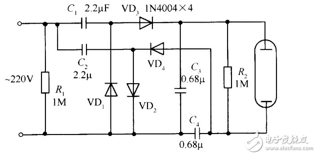 正半周時，D1導(dǎo)通，D2截止，電容器C1充電到Vm，其電流路徑及電容C1的極性如上圖（a）所示。
