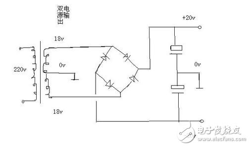 不用兩個(gè)整流橋。用一個(gè)即可，把2個(gè)18伏交流接到整流橋的交流輸入端，把變壓器抽頭0伏接地線（線路板的地線），整流橋直流輸出+ -端接電容器濾波，電容器2個(gè)串聯(lián)之后正極接整流橋正極+，電容器負(fù)極接整流橋負(fù)極-，2個(gè)串聯(lián)的電容器中間引出一根線接地線，也就是雙18伏交流的抽頭。這樣就可以在直流輸出端得到正負(fù)20伏的雙電源了。