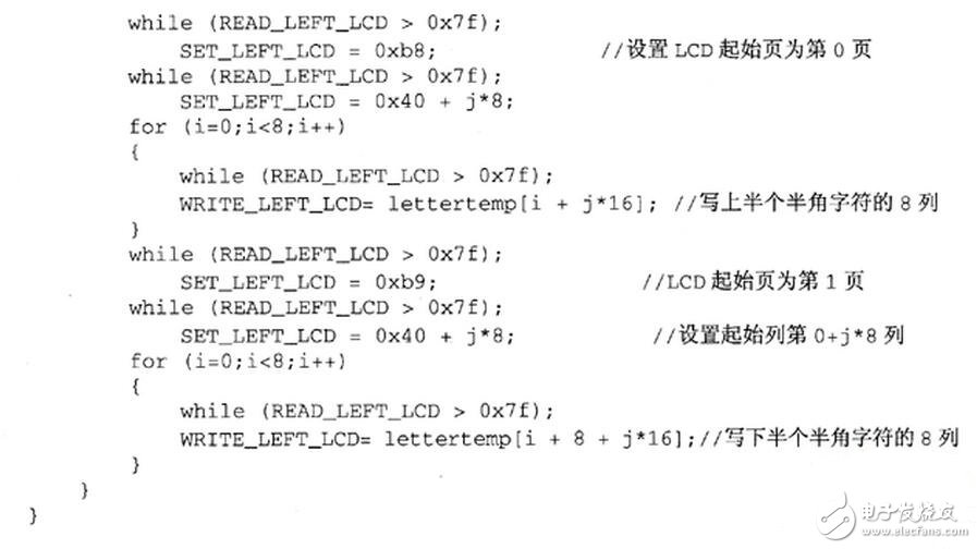 系統(tǒng)中顯示部分的子程序與字模數(shù)據(jù)結(jié)構(gòu)互相關(guān)聯(lián)，這里將ASCII字符顯示子程序和單獨(dú)顯示漢字字模的子程序列出來(lái)，根據(jù)這兩個(gè)子程序也可以看出顯示部分的顯示程序?qū)崿F(xiàn)原理