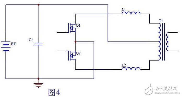 當(dāng)Q1柵極信號(hào)由高電平變?yōu)榈碗娖綍r(shí)，此時(shí)Q2也還截止，即死區(qū)處Q1，Q2都不導(dǎo)通，T1初級(jí)上半部分由于和次級(jí)耦合的原因，能量?jī)H在Q1導(dǎo)通時(shí)向次級(jí)傳遞能量，到Q1截止時(shí)T1初級(jí)上半部分上端的電位已恢復(fù)到電池電壓，而L1可以看做是是一個(gè)獨(dú)立的電感，它儲(chǔ)存的能量耦合不到變壓器T1的次級(jí)。