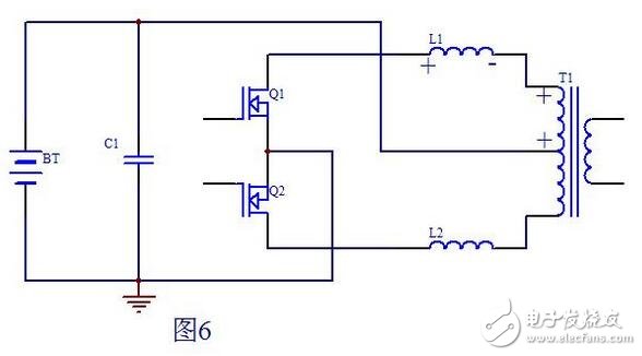 當(dāng)Q1柵極信號(hào)由高電平變?yōu)榈碗娖綍r(shí)，此時(shí)Q2也還截止，即死區(qū)處Q1，Q2都不導(dǎo)通，T1初級(jí)上半部分由于和次級(jí)耦合的原因，能量?jī)H在Q1導(dǎo)通時(shí)向次級(jí)傳遞能量，到Q1截止時(shí)T1初級(jí)上半部分上端的電位已恢復(fù)到電池電壓，而L1可以看做是是一個(gè)獨(dú)立的電感，它儲(chǔ)存的能量耦合不到變壓器T1的次級(jí)。