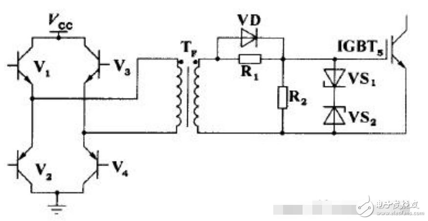脈沖變壓器驅(qū)動電路如圖所示，V1～V4組成脈沖變壓器一次側(cè)驅(qū)動電路，通過控制V1、V4和V2、V3的輪流導(dǎo)通，將驅(qū)動脈沖加至變壓器的一次側(cè)，二次側(cè)通過電阻R1與IGBT5柵極相連，R1、R2防止IGBT5柵極開路并提供充放電回路，R1上并聯(lián)的二極管為加速二極管，用以提高IGBT5的開關(guān)速度，穩(wěn)壓二極管VS1、VS2的作用是限制加在IGBT5g-e端的電壓，避免過高的柵射電壓擊穿柵極。柵射電壓一般不應(yīng)超過20 V。