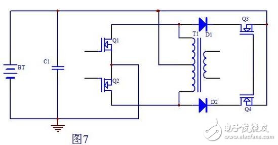 上面我們已經(jīng)分析了Q1，Q2兩管漏極產(chǎn)生尖峰的原因，下面我們就來(lái)想辦法消除這個(gè)尖峰了。我想到的辦法就是Q1，Q2的漏極到電池的正極加一個(gè)開關(guān)，當(dāng)然這個(gè)開關(guān)也由MOS管來(lái)充當(dāng)，當(dāng)然其它功率管也行。這個(gè)開關(guān)只在Q1，Q2都截止時(shí)才導(dǎo)通，用電路實(shí)現(xiàn)如圖7所示：