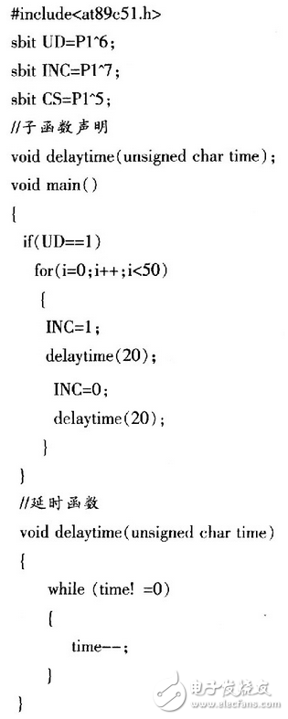 X9313為工業(yè)級的32抽頭數(shù)控電位器，最大阻值為10 kΩ，采用8引腳，有DIP、OIC、FSSOP 3種封裝。X9313的內(nèi)部功能框圖，如圖3所示。它由輸入部分、5位E2PROM、存儲和調(diào)用電路、32選l譯碼器、由MOS場效應(yīng)管構(gòu)成的32路模擬開關(guān)、電阻陣列6部分組成。其中輸入部分是5位加／減計數(shù)器經(jīng)過三線加／減式接口（）與單片機(jī)相連，其工作像一個升／降計數(shù)器，輸出經(jīng)譯碼，控制接通某個電子開關(guān)，這樣就把電阻陣列上的一個點連接到滑動輸出端。