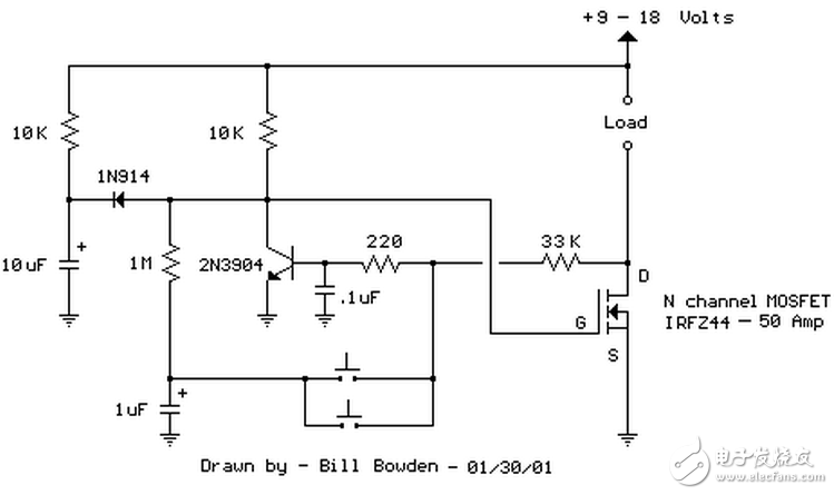 當(dāng)開(kāi)關(guān)按下時(shí)，1uF電容被連接到220歐姆和33K電阻連接點(diǎn)，NPN晶體管截止，場(chǎng)效應(yīng)管導(dǎo)通開(kāi)啟負(fù)載。釋放按鈕后，1uF電容通過(guò)1M電阻充電。第二次按下開(kāi)關(guān)，1uF電容充電后的電壓被加載到NPN晶體管基極，晶體管導(dǎo)通，場(chǎng)效應(yīng)管關(guān)閉，負(fù)載斷電。