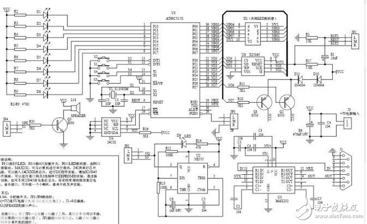 P1口仍接8只LED，P3口仍接4只按鍵開(kāi)關(guān)，P0口和P2口仍接2只LED數(shù)碼管，但改為由P0口直接驅(qū)動(dòng)。與原板完全兼容。新增：MAX232，可與計(jì)算機(jī)進(jìn)行串行通訊，將來(lái)會(huì)考慮加入MON51支持。24C類(lèi)串行芯片插座，可以插入24CXXX類(lèi)芯片，進(jìn)行I2C程序?qū)嶒?yàn)。增加X(jué)25045芯片插座，可以進(jìn)行看門(mén)狗及3線制串行EEPROM的實(shí)驗(yàn)，通過(guò)插針切換，也可不用25045作為復(fù)位芯片，而采用常規(guī)的阻容復(fù)位電路。音樂(lè)接口，可外接一個(gè)小喇叭，做單片機(jī)發(fā)聲實(shí)驗(yàn)。版主打算就用這塊板替代原實(shí)驗(yàn)板，并用它為藍(lán)本編一些C語(yǔ)言講座。